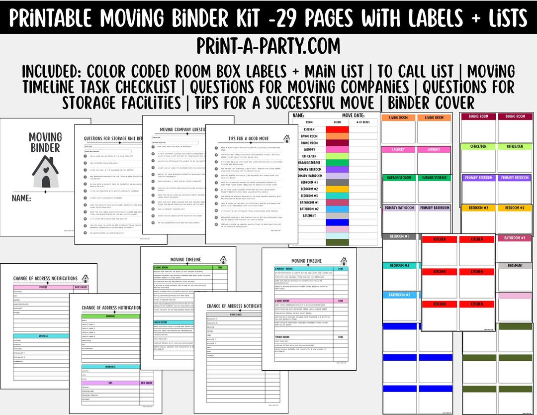 Label Review Checklist Moving Planning Binder – 29 Pages Color-coded Labels, Lists ...