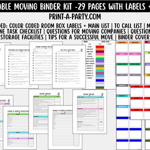 May include: A printable moving binder kit with 29 pages, labels, and lists. The kit includes color-coded room box labels, a main list, a moving timeline checklist, and questions for moving companies and storage facilities. The text "PRINT-A-PARTY.COM" is visible.
