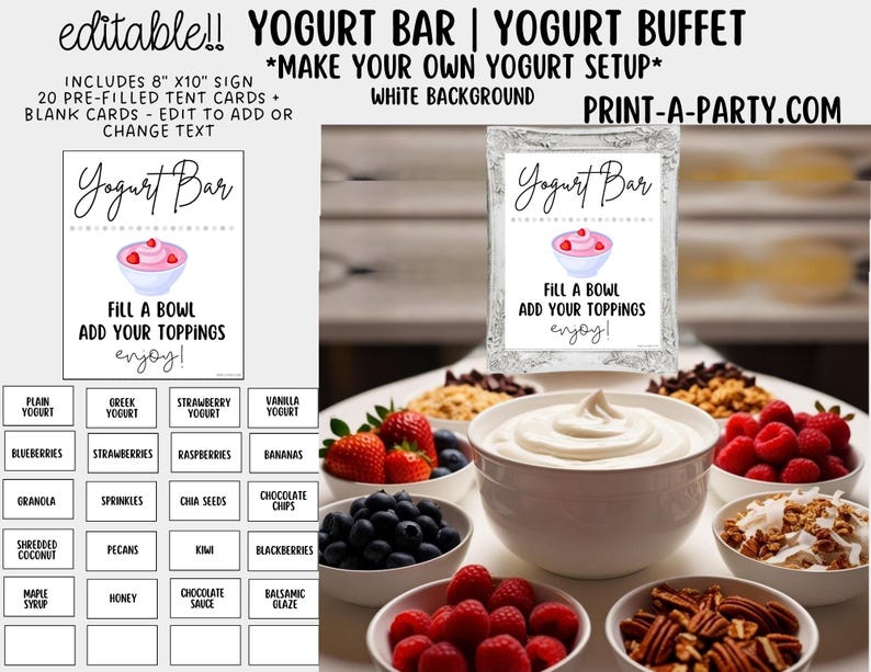 Editable Yogurt Bar Sign and Toppings Labels (canva) for Parties ...