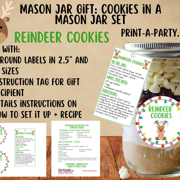 MASON JAR COOKIE Gift | Reindeer Cookies in a Mason Jar Set | Cookie Gift | Cookies in a jar gift | Mason Jar Gift | Christmas Cookie Gift