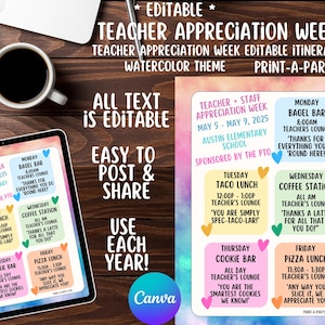 Appreciation Week Itinerary Schedule - EDITABLE | Watercolor design | Teacher Appreciation Week Ideas | Staff   Appreciation Week Itinerary