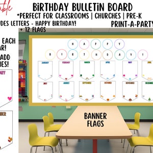 BACK TO SCHOOL: Birthday Bulletin Board Display for Classroom | Birthdays | Festive Banner Flags - Birthday Bulletin Board Display