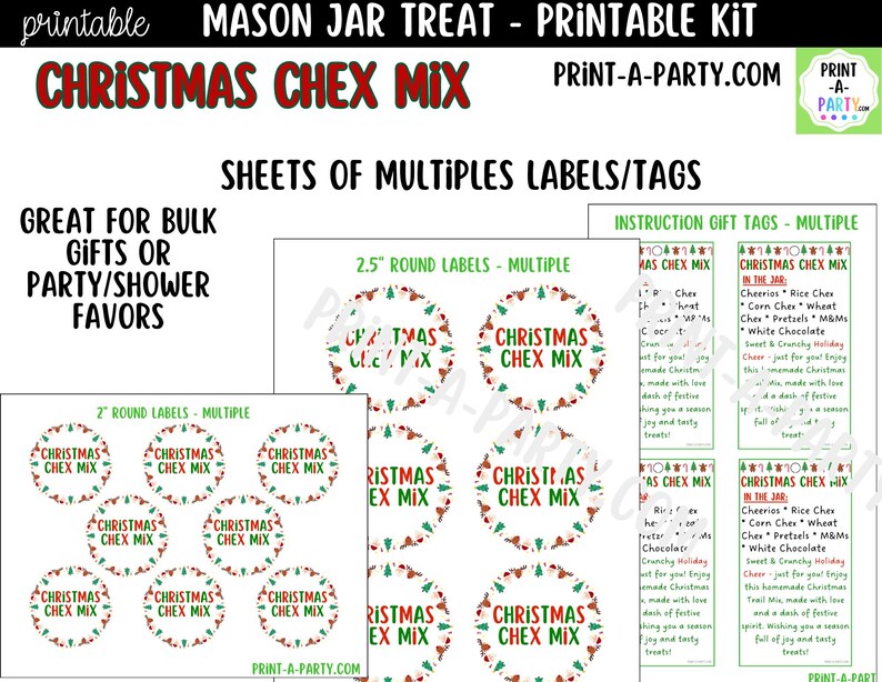 Christmas Chex Mix in a Mason Jar Gift Printable Kit - Labels, Tag ...