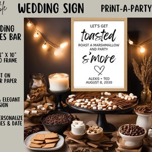Editable Wedding Sign: S&#39;MORES SIGN - Let&#39;s Get Toasted - Roast A Marshmallow and Party S&#39;More - Printable Canva Template for wedding events