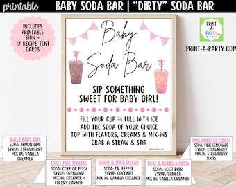 Baby Girl Shower Soda Bar Sign Printable, Pink Dirty Soda Station Recipe Tent Cards & Shopping List Decor Kit Digital PDF 8x10