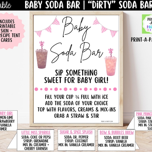 Baby Girl Soda Bar Kit – Printable Sign (8x10), 12 Recipes Tent Cards + Shopping List