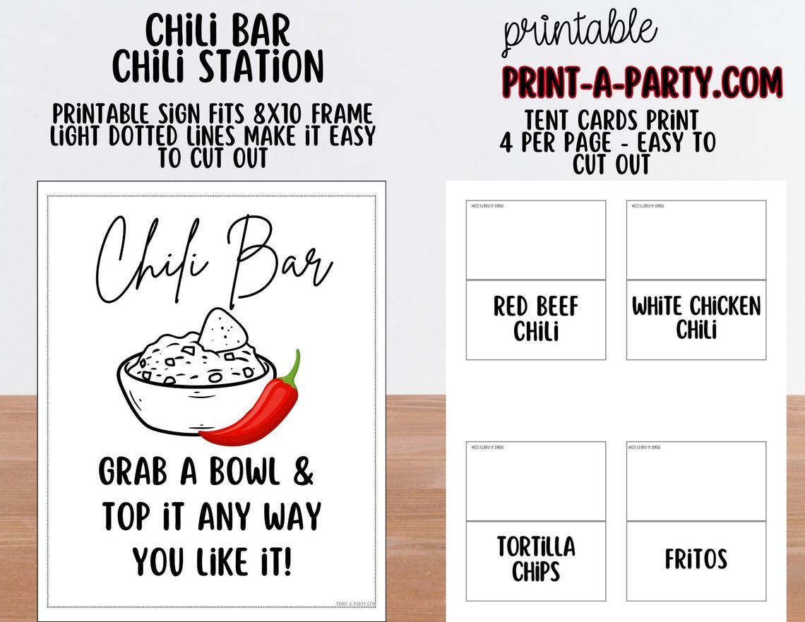 Chili Bar Sign (8x10) & Tent Card Toppings - Food Station, Party Decor ...