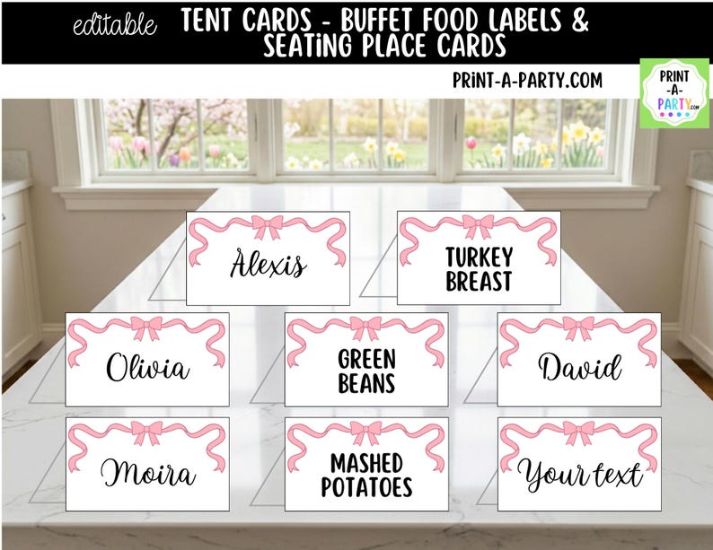 Event Table Labels Editable Pink Bow Buffet Labels and Place Cards for Parties, Showers ...