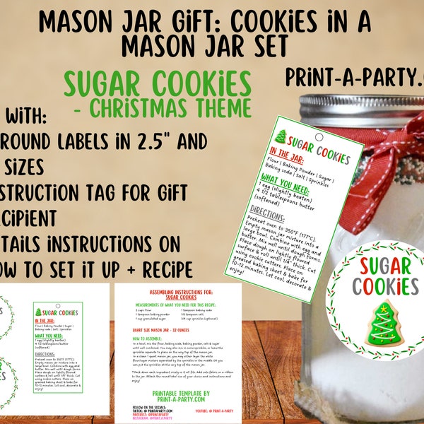 MASON JAR COOKIE Gift | Sugar Cookies in a Mason Jar Set | Cookie Gift | Cookies in a jar gift | Mason Jar Gift | Christmas Cookie Gift