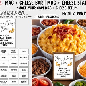 Placas para impressão e coberturas de comida MAC and CHEESE BAR em branco – Estação de bar de comida para festas - Para festas, chás de bebê, bufês, escritório