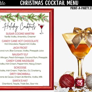May include: A Christmas cocktail menu in a red frame featuring a list of drinks including Sugar Cookie Martini and Candy Cane Hot Chocolate, next to a martini glass filled with amber liquid, topped with a gold bow and two ornaments.