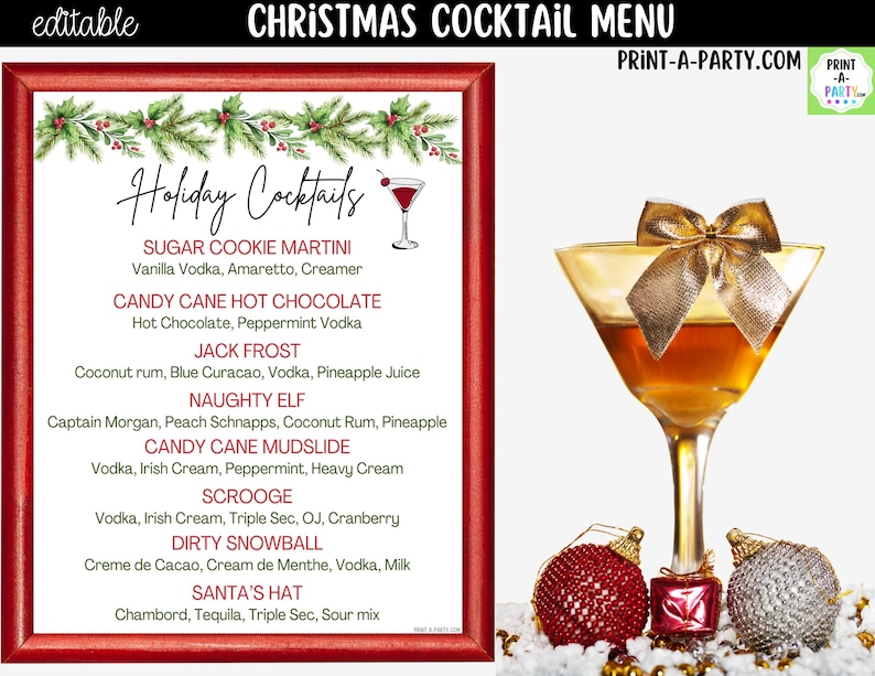 May include: A Christmas cocktail menu in a red frame featuring a list of drinks including Sugar Cookie Martini and Candy Cane Hot Chocolate, next to a martini glass filled with amber liquid, topped with a gold bow and two ornaments.