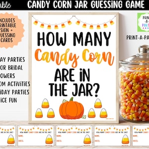 Peut inclure: Un jeu sur le thème d'Halloween avec un panneau indiquant "Combien de bonbons au maïs sont dans le bocal ?" et un bocal rempli de bonbons au maïs. Comprend un panneau imprimable et des cartes de devinettes. Idéal pour les fêtes.