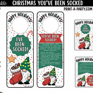 May include: A printable Christmas door hanger and sign set featuring a gnome holding a red stocking, green and red polka dots, and the text "Happy Holidays" and "You've Been Socked!" with instructions for a holiday gift exchange game.