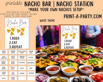 NACHO BAR Sign and Topping Cards Printable in White - perfect for parties, showers, holidays, summer or Cinco de Mayo