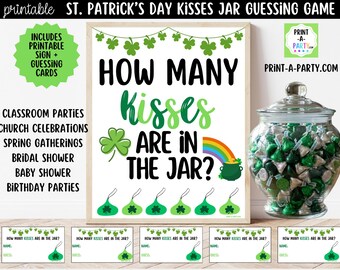 Printable St Patrick's Day Kisses Jar Guessing Game Sign Cards, How Many Kisses Green Party PDF