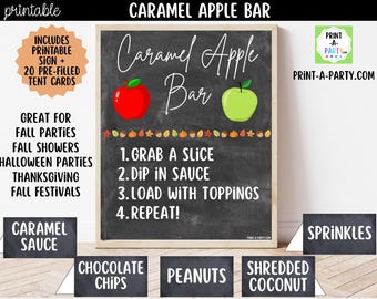 Caramel Apple Bar Sign (8x10) & Topping Tent Cards – Fall Party Buffet, Decor, DIY Printable (PDF)