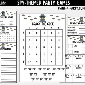 Peut inclure: Un ensemble de jeux de fête imprimables sur le thème des espions avec une icône emoji détective et des graphiques d'empreintes de pas. Le kit comprend un tableau de noms d'espions, un jeu de mots mêlés, un rébus, une grille de code et une fiche.
