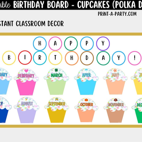 Decoración imprimible para el tablón de anuncios de cumpleaños: Cupcakes de lunares para la clase (PDF)
