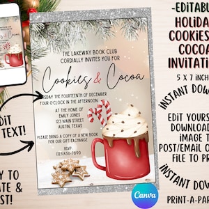 COOKIES & COCOA Editable Christmas Holiday Invite for Friends, Family, and Groups, easy to post, share or print, Christmas Cookie Cocoa