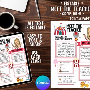 Puede incluir: Una plantilla imprimible para conocer al maestro con un tema de circo. La plantilla presenta una carpa a rayas rojas y blancas, un elefante de dibujos animados y un avatar de maestro. El texto incluye "Conoce al maestro", "Bienvenido al circo de Carlisle", "Acerca de mí", "Mi educación", "Mis favoritos", "Datos divertidos" y "Mantengámonos en contacto".