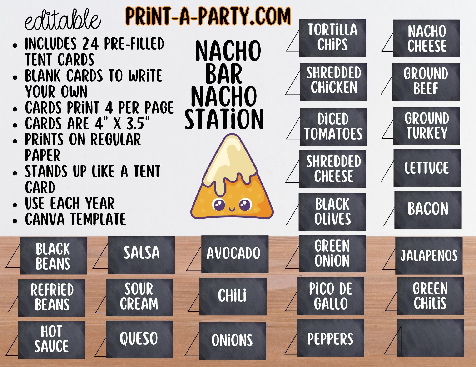 Nacho Card Editable Nacho Bar Sign (8x10) and Toppings Tent Cards Canva Template ...