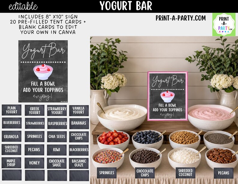Editable Yogurt Bar Sign (8x10) and Topping Tent Cards Canva Template ...