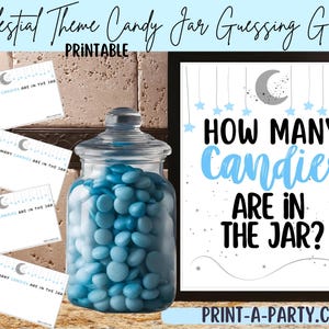 Celestial Baby Shower utskrivbart godisgissningsspel – Blå måne och stjärnor utskrivbart för babyshowers, måne- och stjärnteman, magisk dusch