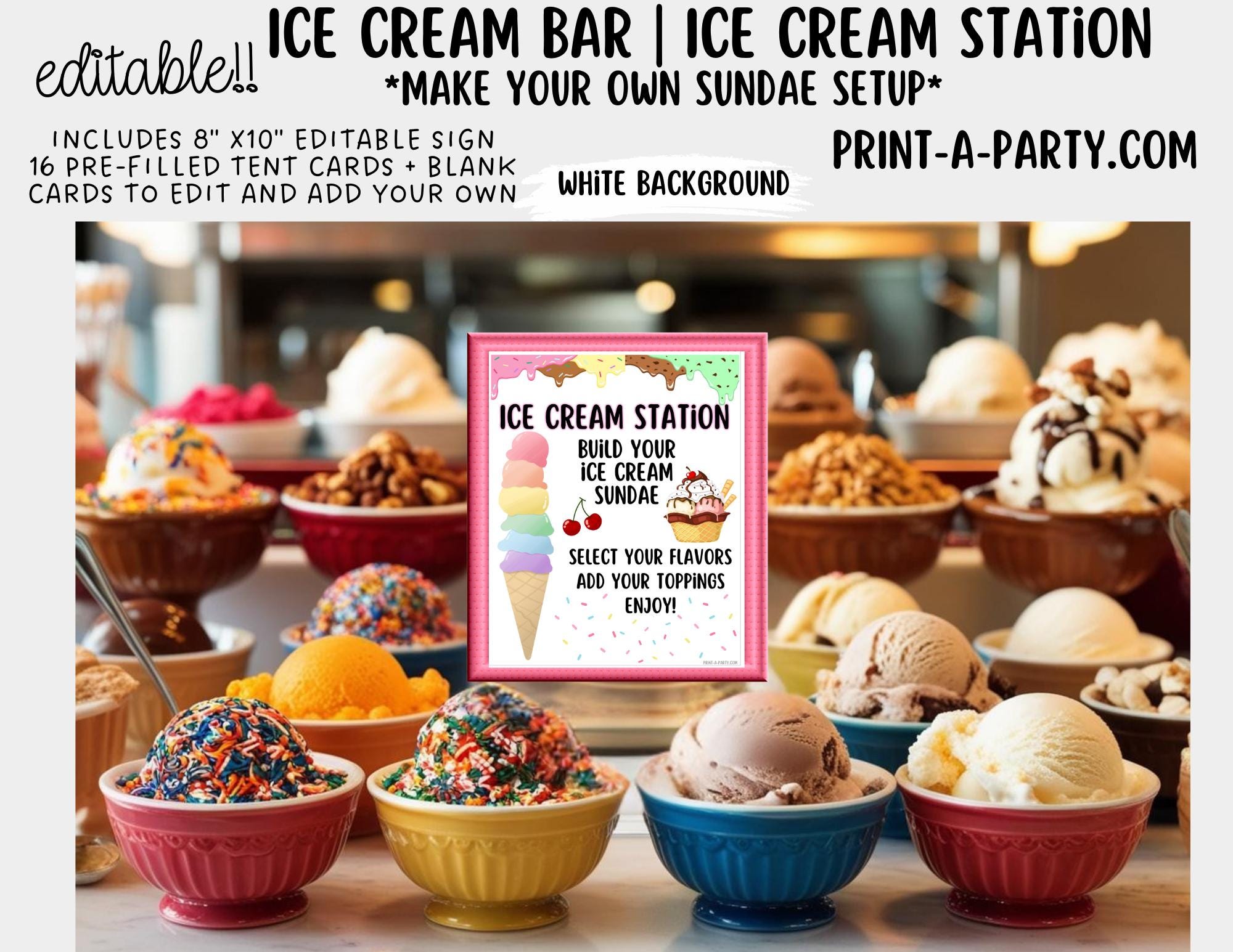 Editable Ice Cream Bar Sign and Toppings Labels: Sundae Station Party ...