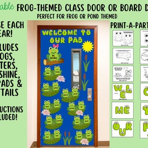 May include: A blue classroom door decorated with a frog theme. The door features frog cutouts on lily pads, the words "Welcome to Our Pad," and a yellow sun. Additional printable frog-themed decor is included.