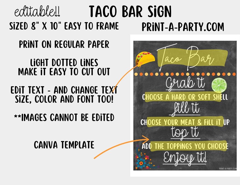 Editable Taco Bar Sign (8x10) and Toppings Tent Cards - Canva Template ...