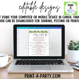 May include: A laptop screen displaying an editable holiday cocktail menu template with festive greenery graphics and text. The screen shows a list of drinks including Sugar Cookie Martini and Candy Cane Hot Chocolate. Text reads: EDIT USING YOUR COMPUTER OR MOBILE DEVICE IN CANVA. FINAL DESIGN CAN BE DOWNLOADED FOR SHARING, POSTING OR PRINTING.