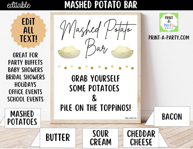 Editable Mashed Potato Bar Printable Sign (8x10) and Topping Tent Cards ...