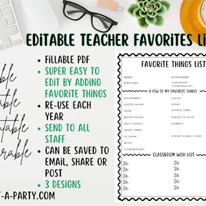 Teacher Favorite Things List - Edit via a Fillable PDF - Printable, Shareable - Teacher Wishlist, Room Moms, PTO School Staff Appreciation