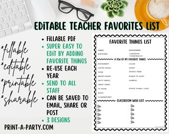 Teacher Favorite Things List – Fillable PDF Printable