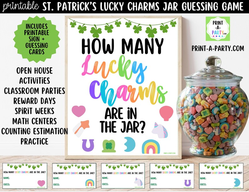 May include: A St. Patrick's Day guessing game with a jar of Lucky Charms cereal. The sign reads "How Many Lucky Charms Are In The Jar?" with colorful text. Includes printable sign and guessing cards. Perfect for classroom parties.