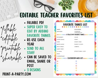 Teacher Favorite Things List – Fillable PDF Printable
