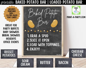 Chalkboard Baked Potato Bar Sign Printable, Rustic Spud Station Food Tent Cards, Fall Winter Party Office Potluck Decor Kit PDF 8x10