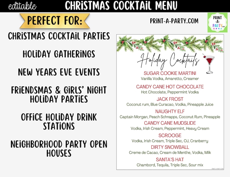 May include: A printable Christmas cocktail menu featuring a list of holiday drinks including Sugar Cookie Martini, Candy Cane Hot Chocolate, Jack Frost, Naughty Elf, Candy Cane Mudslide, Scrooge, Dirty Snowball, and Santa's Hat with pine branch art.