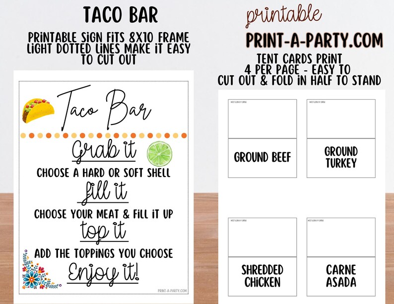 Printable Taco Bar Sign & Tent Cards | Fiesta Party Decor, Buffet (PDF ...
