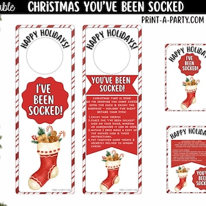 May include: A printable Christmas game set featuring door hangers and signs with red and white candy cane borders. The text reads Happy Holidays and I've Been Socked, accompanied by illustrations of a red Christmas stocking filled with treats.