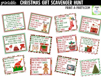 Peut inclure: Un ensemble de douze cartes de jeu de piste de Noël à imprimer avec des bordures festives, des illustrations sur le thème des fêtes comme des rennes, des chaussettes et des bonshommes en pain d'épices, et des indices rimés avec du texte.