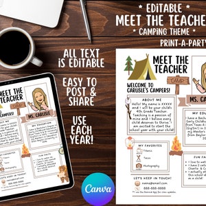 Meet the Teacher Editable Template – CAMPING | CAMPERS Theme Printable for Teacher Introduction, Teacher Information, Back To School, Note
