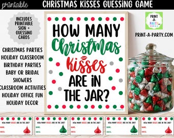 Printable Christmas Kisses Jar Guessing Game Sign and Cards, How Many Kisses Xmas Party PDF