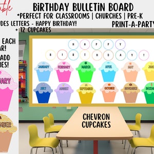 BACK TO SCHOOL: Geburtstags Bulletin Board druckbare Display - monatliches Chevron Cupcake Thema für Klassenzimmer Dekor, Geburtstagstafel, Studenten