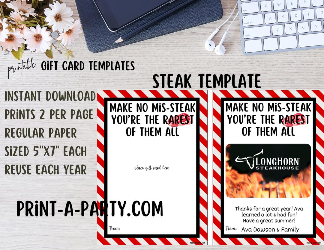 Steak House Gift Card Template: Teacher Appreciation (printable PDF ...