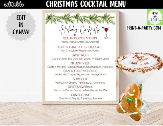 Editable Christmas Cocktail Menu Template | Holiday Cocktails | Canva Template