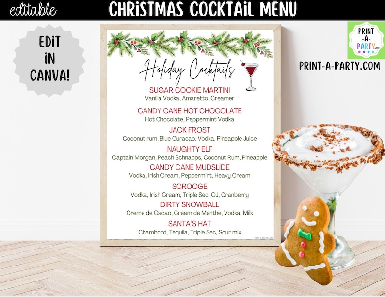May include: A Christmas cocktail menu sign featuring a pine and holly border, the text Holiday Cocktails, and a list of seven drink names with ingredients. Beside the sign is a martini glass with a rim of brown crumbs and a gingerbread man cookie.