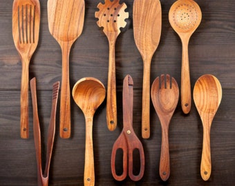 Umweltfreundliches Kochen, 10-teiliges Küchenutensilien-Set aus natürlichem Teakholz: Langlebige und hitzebeständige Kochutensilien, Geschenk-Utensilien-Sets aus Holz