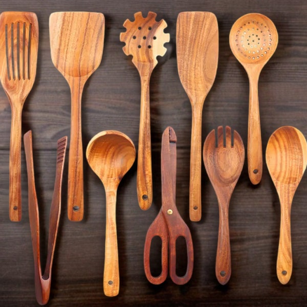 Umweltfreundliches Kochen, 10-teiliges Küchenutensilien-Set aus natürlichem Teakholz: Langlebige und hitzebeständige Kochutensilien, Geschenk-Utensilien-Sets aus Holz